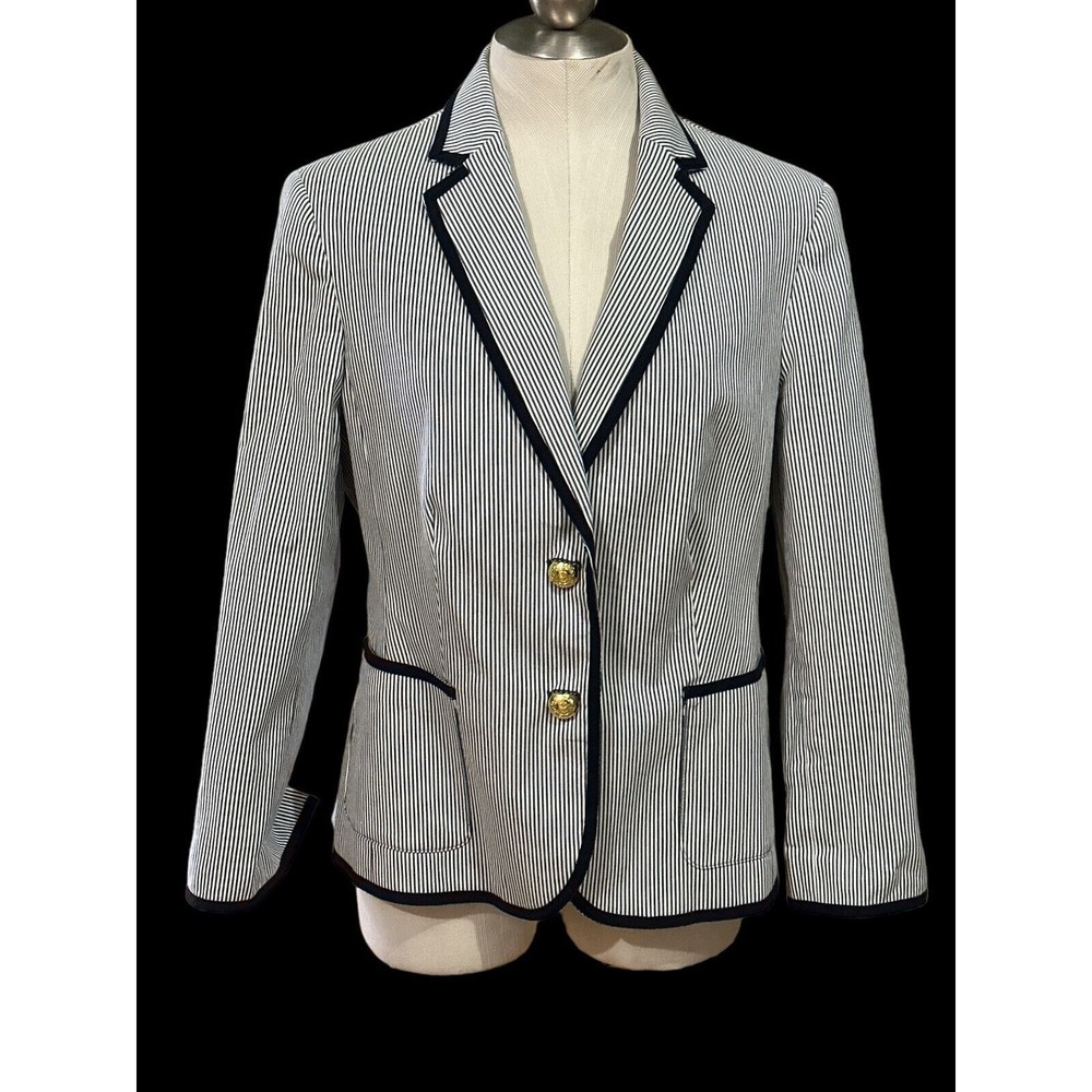 Jones New York Seersucker Blazer Signature womens Size 4P Petite Striped Cuffed
